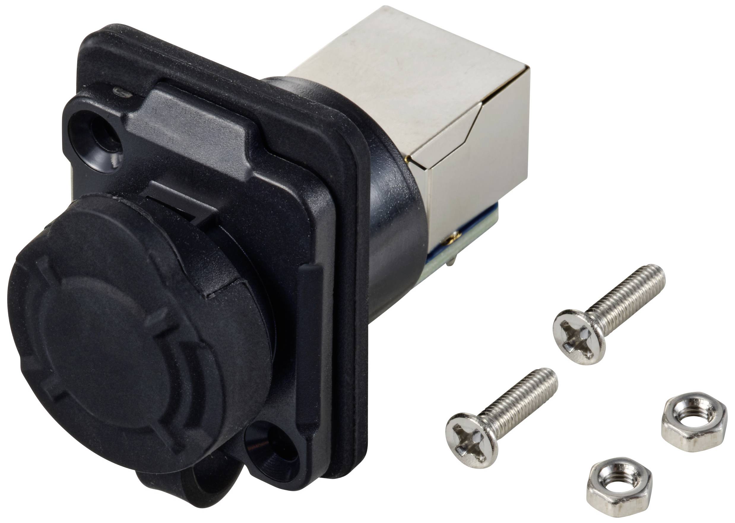 Ein Ethernet-Anschlussmodul mit schwarzem Gehäuse, flankiert von zwei Schrauben und zwei Muttern.