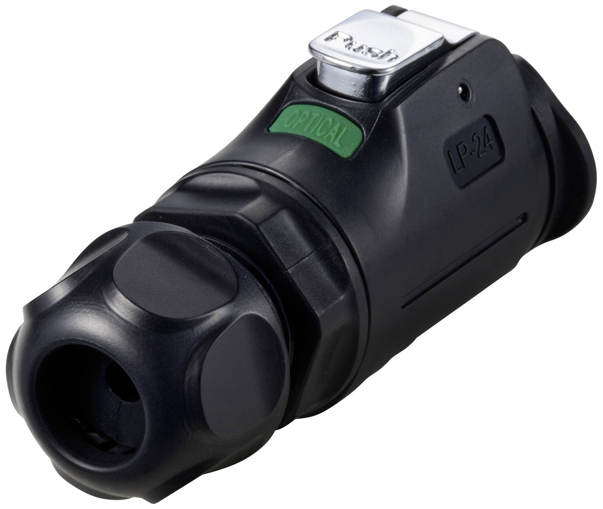Schwarzer Steckverbinder mit grünem 'OPTICAL'-Etikett, P-24 Markierung und Push-Taste, zeigt eine robuste Bauweise für Kabelverbindungen.