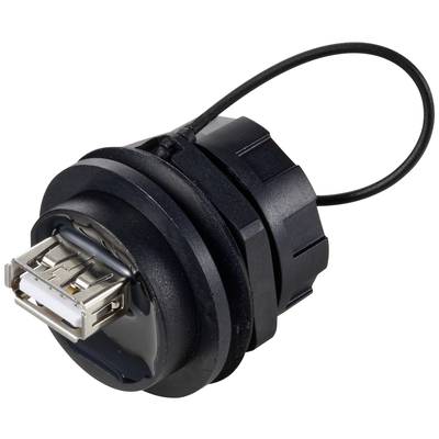 Ein schwarzer USB-Anschluss mit Schraubgewinde und Abdeckung, geeignet für den Einbau in Geräte oder Paneele.