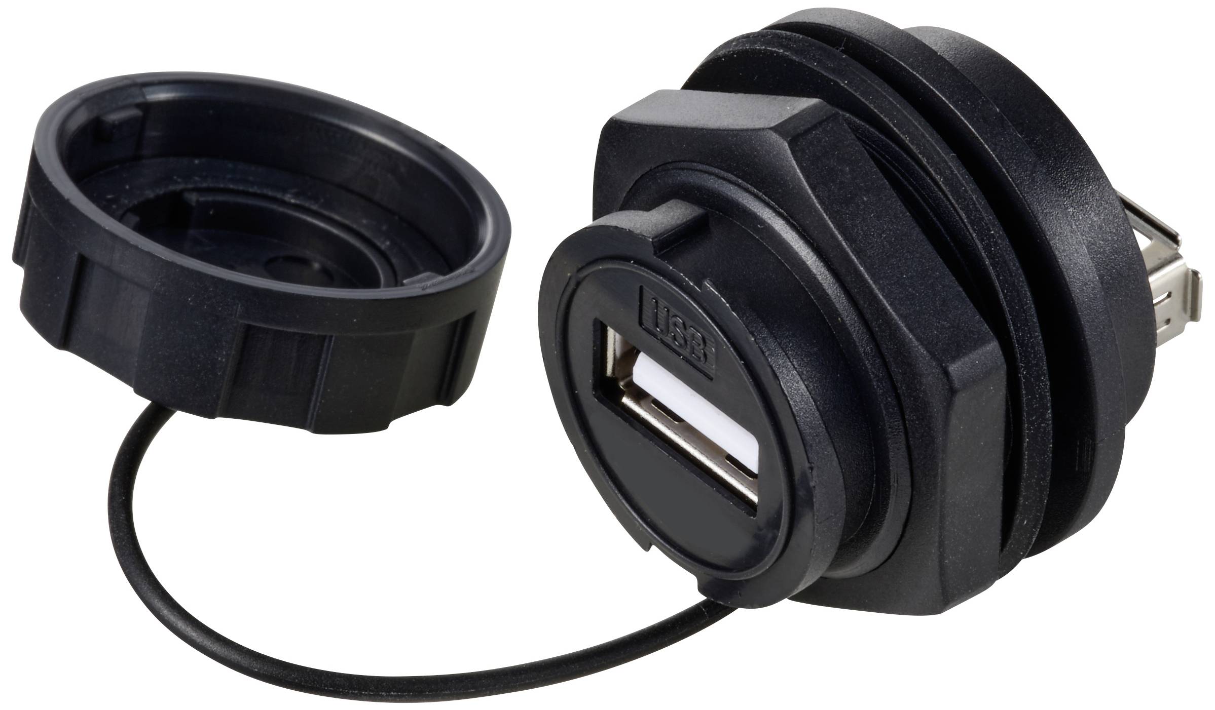 USB-Anschluss mit Schutzkappe, geeignet für den Einbau in Geräte für sicheren und geschützten Anschluss von USB-Kabeln.