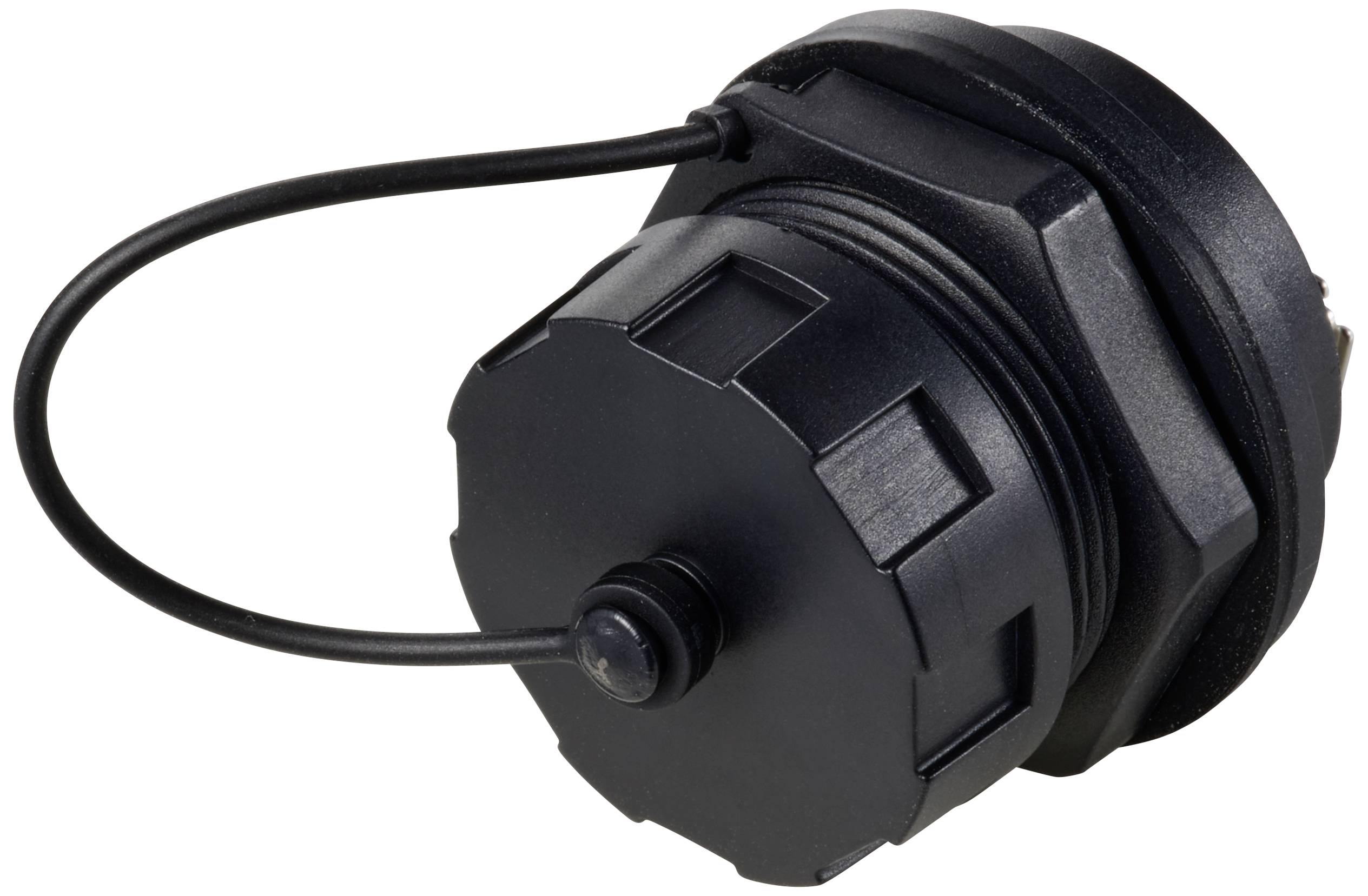Ein schwarzer, runder Kappenstecker mit Befestigungsschraube und Gummi-Dichtung.
