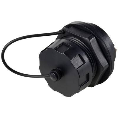Ein schwarzer, runder Kappenstecker mit Befestigungsschraube und Gummi-Dichtung.