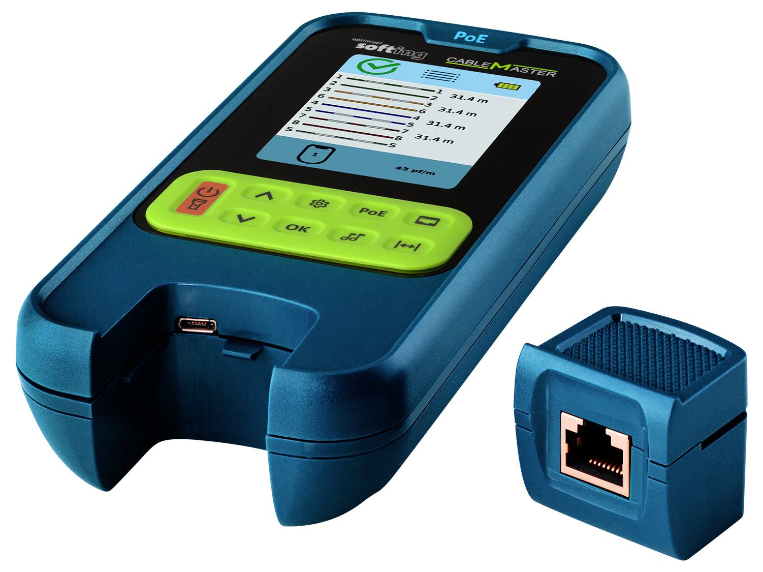 Tragbarer blauer Kabelprüfer mit der Bezeichnung "PoE" mit einem Bildschirm, der Kabelprüfergebnisse anzeigt, neben einem kleinen Ethernet-Anschlussadaptermodul.