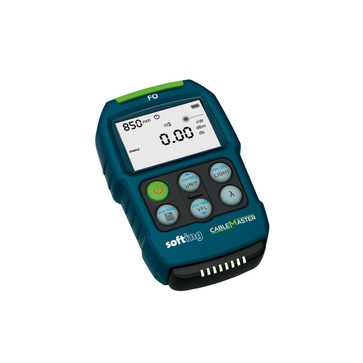 Ein digitales Messgerät mit Display zeigt '850 nm' und '0.00 dBm'. Darunter mehrere Tasten und ein 'softing CableMaster'-Logo sichtbar.