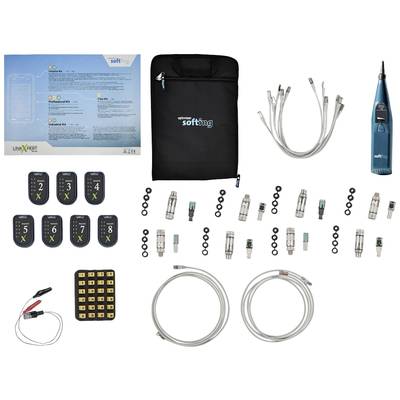 Vollständiges Netzwerkdiagnose-Kit mit Kabeln, Adaptern und Hauptgerät. Enthält eine Bedienungsanleitung und eine schwarze Tragetasche.