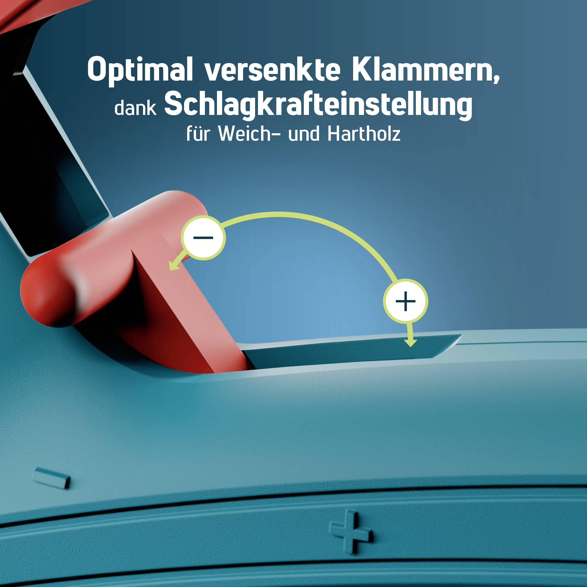 Ein roter Hebel auf einem blauen Hintergrund mit dem Text 'Optimal versenkte Klammern, dank Schlagkrafteinstellung für Weich- und Hartholz'.