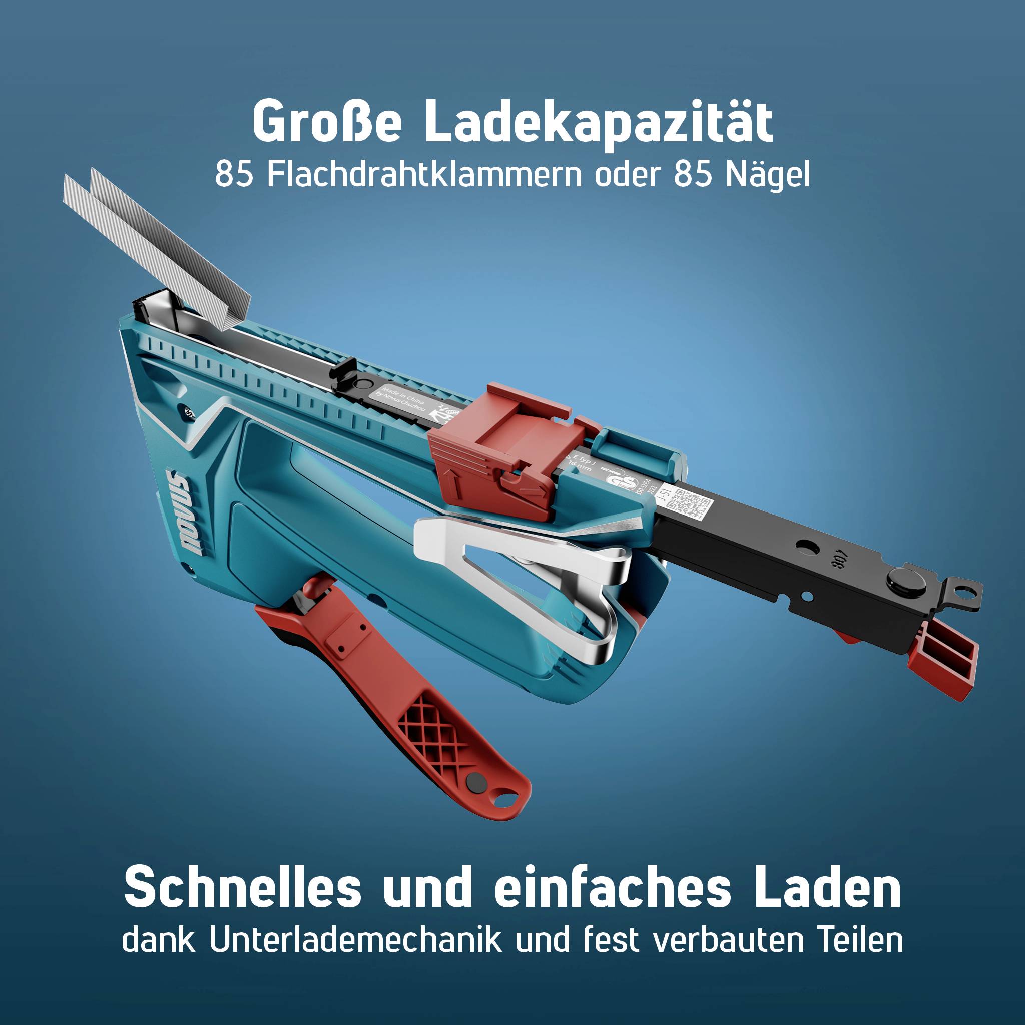 Ladegerät mit 85 Flachdrahtklammern oder Nägeln. Schnelles Laden durch Unterlademechanik und feste Teile.