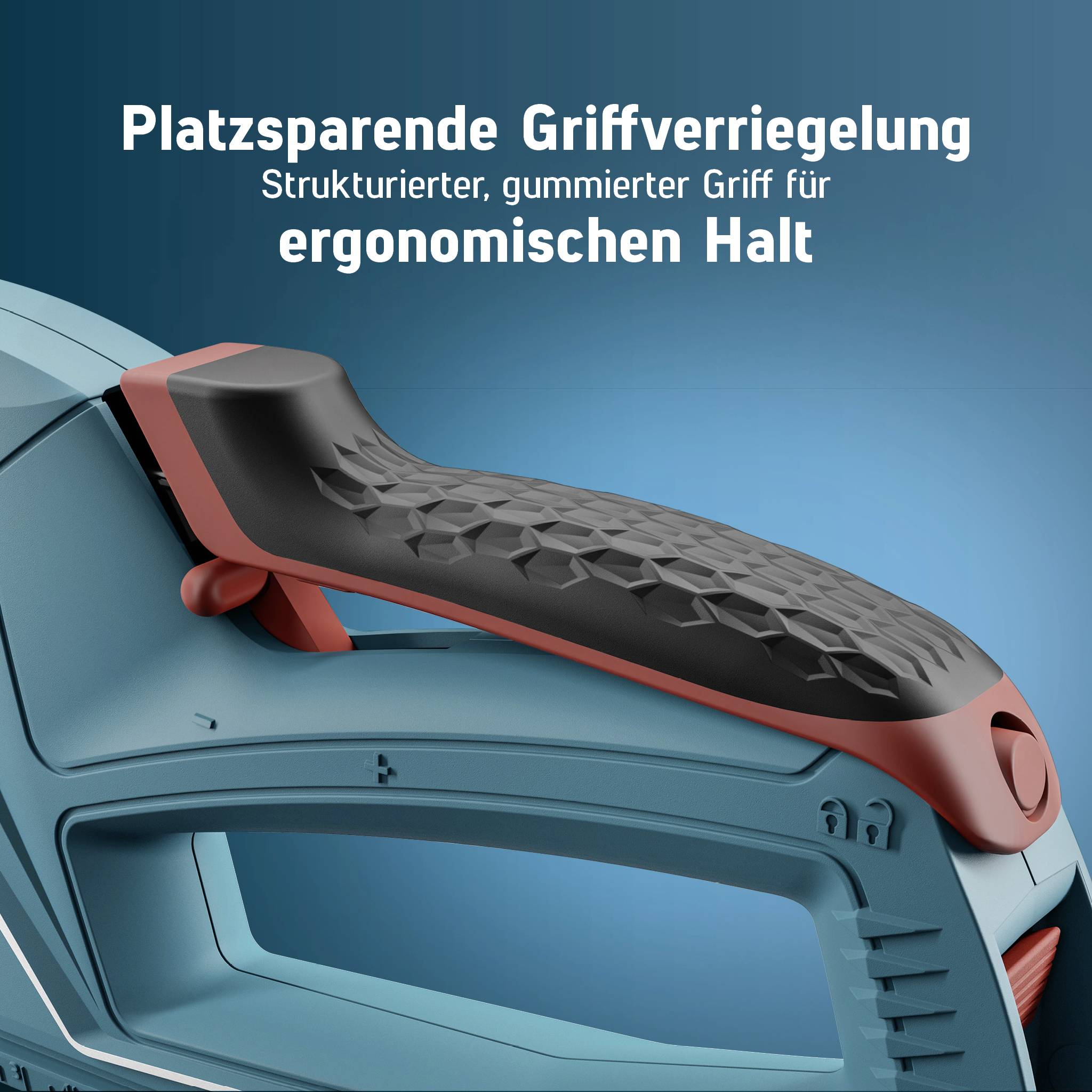 Ein ergonomisch gestalteter, gummierter Griff auf einem Gerät mit der Aufschrift 'Platzsparende Griffverriegelung'.