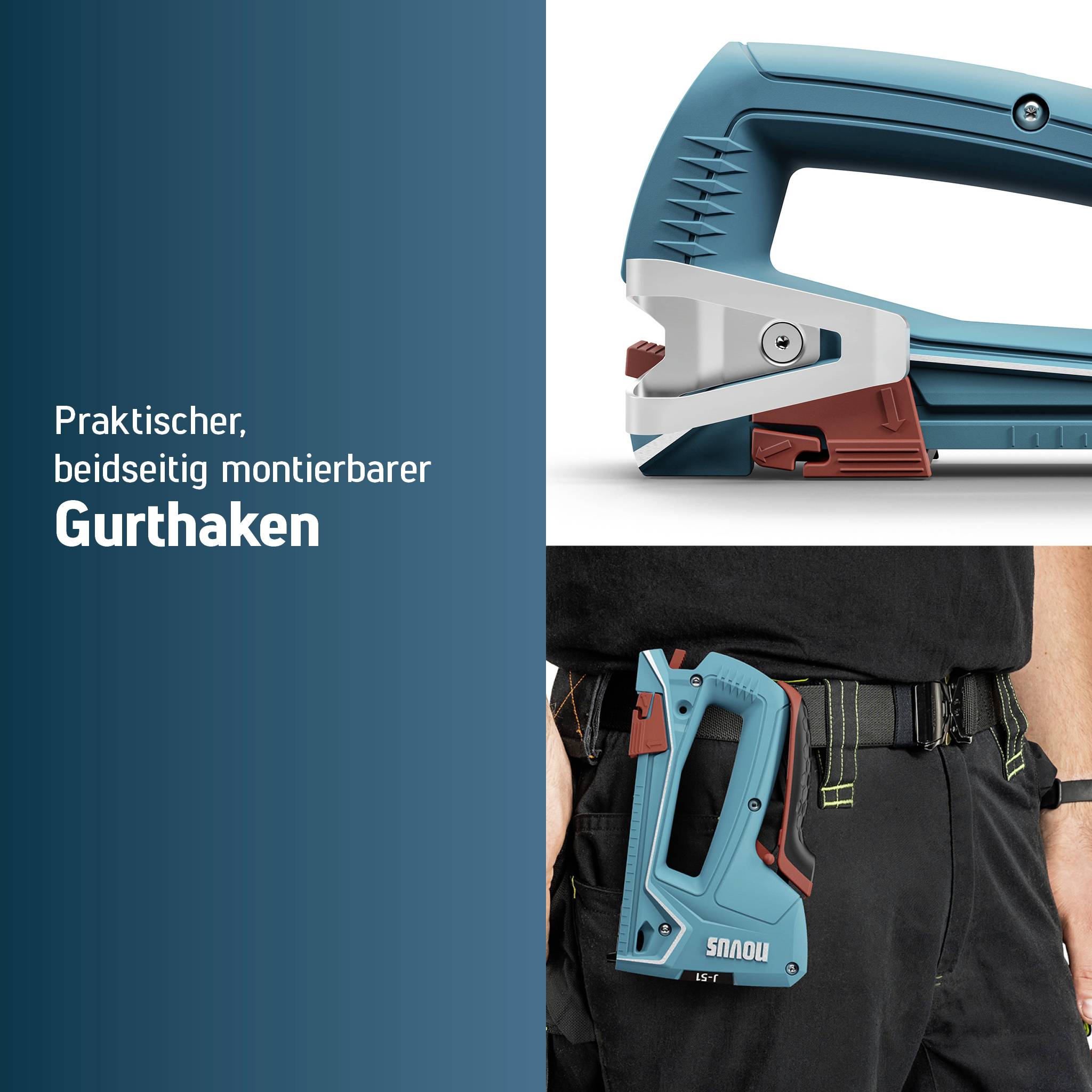 'Praktischer, beidseitig montierbarer Gurthaken.' Ein Werkzeug wird im Einsatz an einem Gürtel gezeigt.