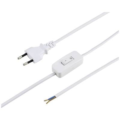 Ein weißes Netzkabel mit europäischem Stecker und Zwischenschalter. Auf der anderen Seite des Kabels sind freiliegende Drähte.