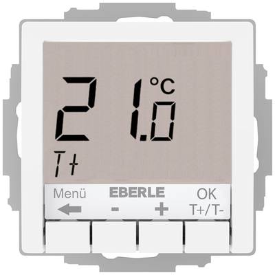Digitaler Raumthermostat zeigt 21 Grad Celsius an mit Tasten für Menü, Plus, Minus und OK zur Temperaturregelung.