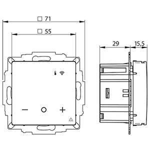 Liniendiagramm einer elektronischen Wandsteuerung mit Abmessungen: 71x55 mm von vorne, Tiefe 29 mm. Symbole für WLAN und Lautstärkeregler.
