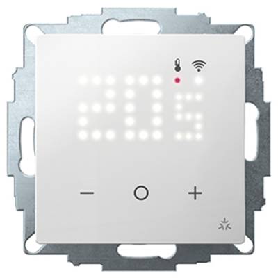 Ein smartes Thermostat mit LED-Anzeige zeigt '20,5' Grad an. Tasten zum Erhöhen und Senken der Temperatur. WLAN-Symbol oben rechts.