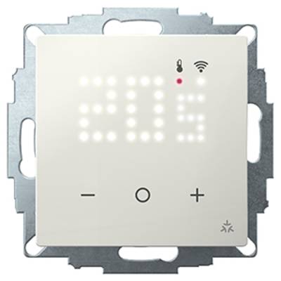 Ein digitaler Thermostat zeigt '20.5' Grad Celsius an. Drei Tasten zur Temperaturregelung sind darunter sichtbar.