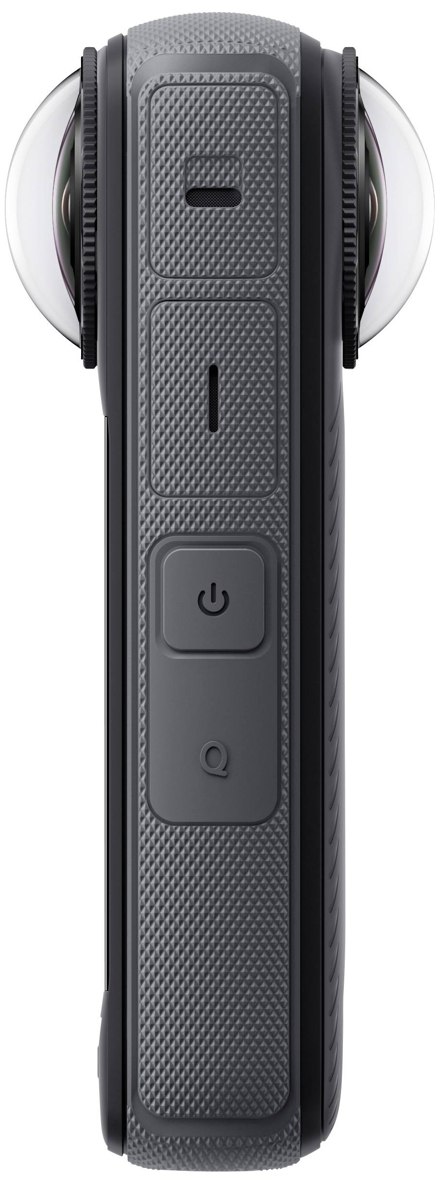 Seitenansicht einer grauen 360-Grad-Kamera mit zwei hervorstehenden Linsen und einem Einschaltknopf auf der Seite.