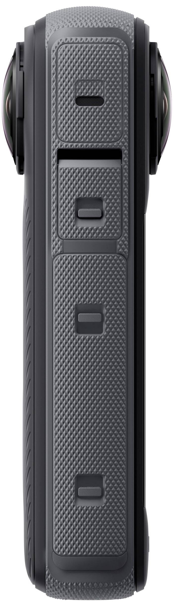 Eine schwarze Kamera in Seitenansicht mit strukturiertem Gehäuse und mehreren rechteckigen Tasten auf der Gehäuseseite.