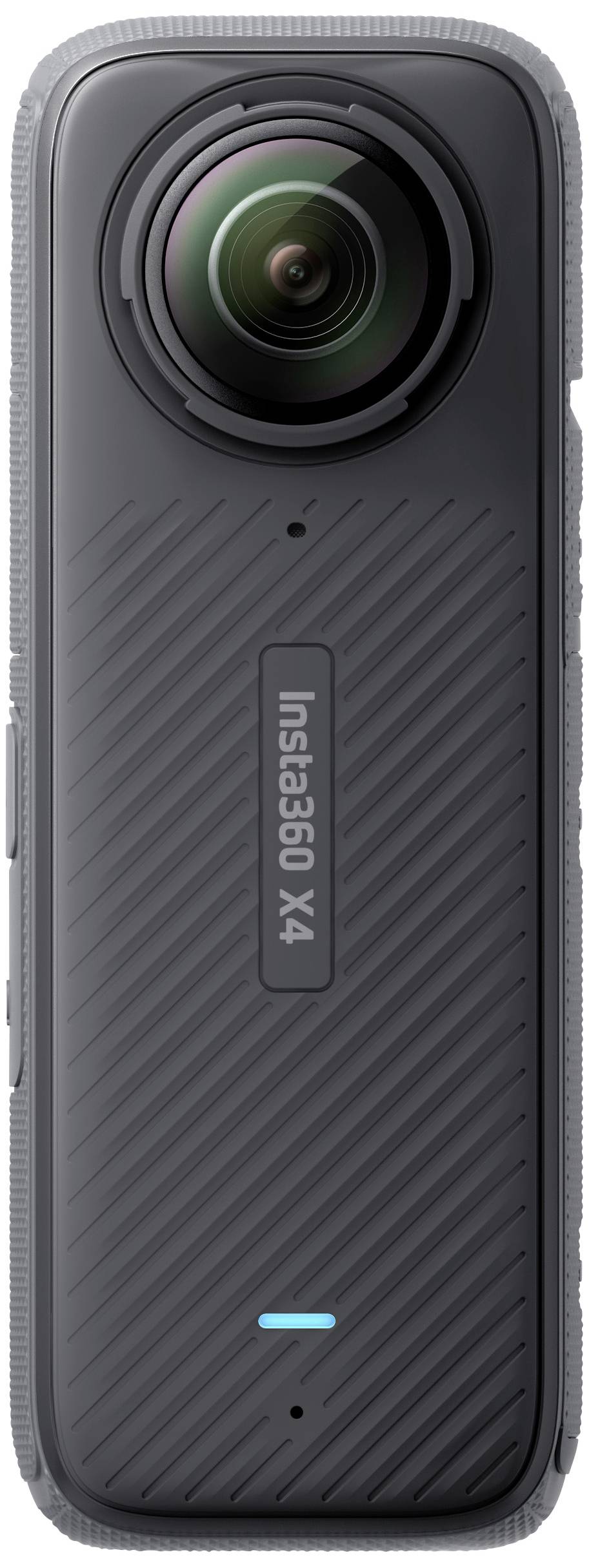 Schwarze 360-Grad-Kamera mit hervorgehobener Linse und Markenlogo in der Mitte des Gehäuses.