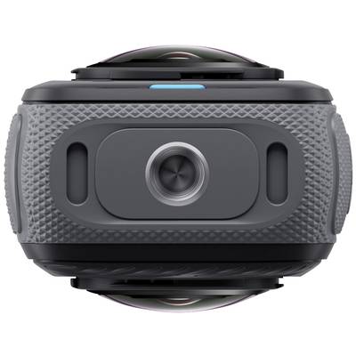 Eine schwarze 360-Grad-Kamera mit strukturiertem Gehäuse und Linse in der Mitte. Sie ist aus Kunststoff gefertigt.