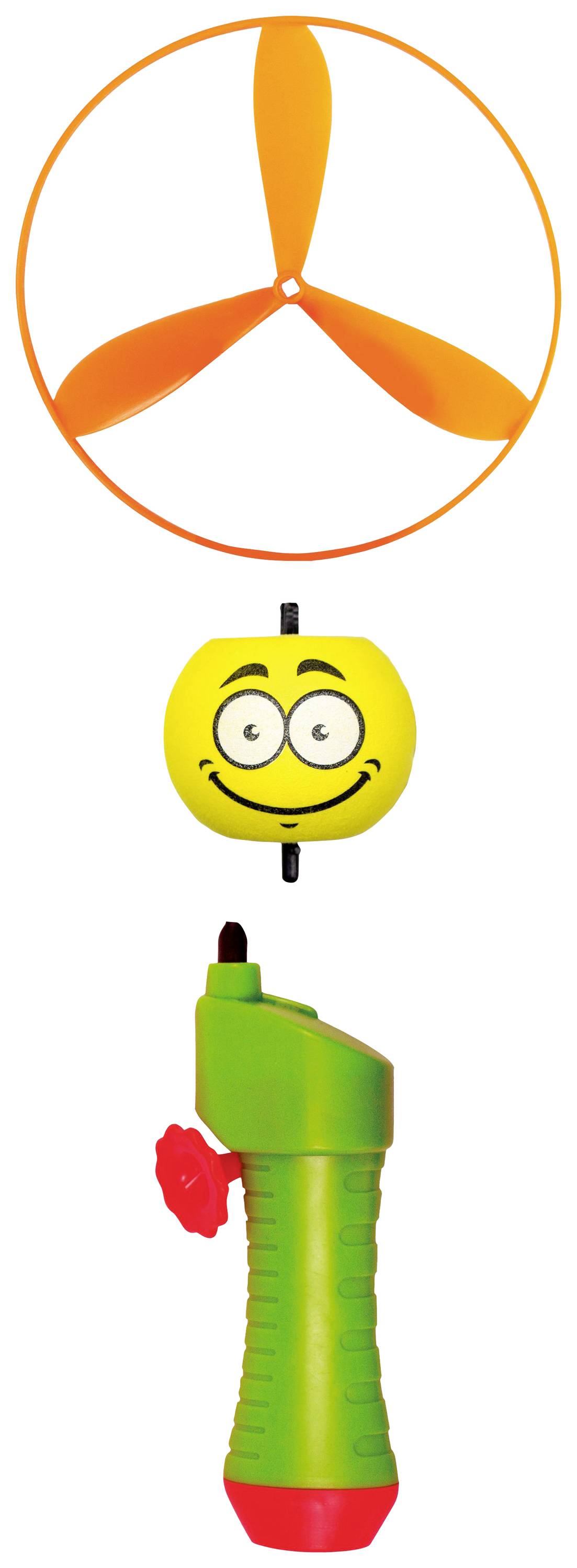 Ein Spielzeughubschrauber mit gelbem Smiley-Gesicht in der Mitte und darunter einem grünen Griff mit rotem Schalter.