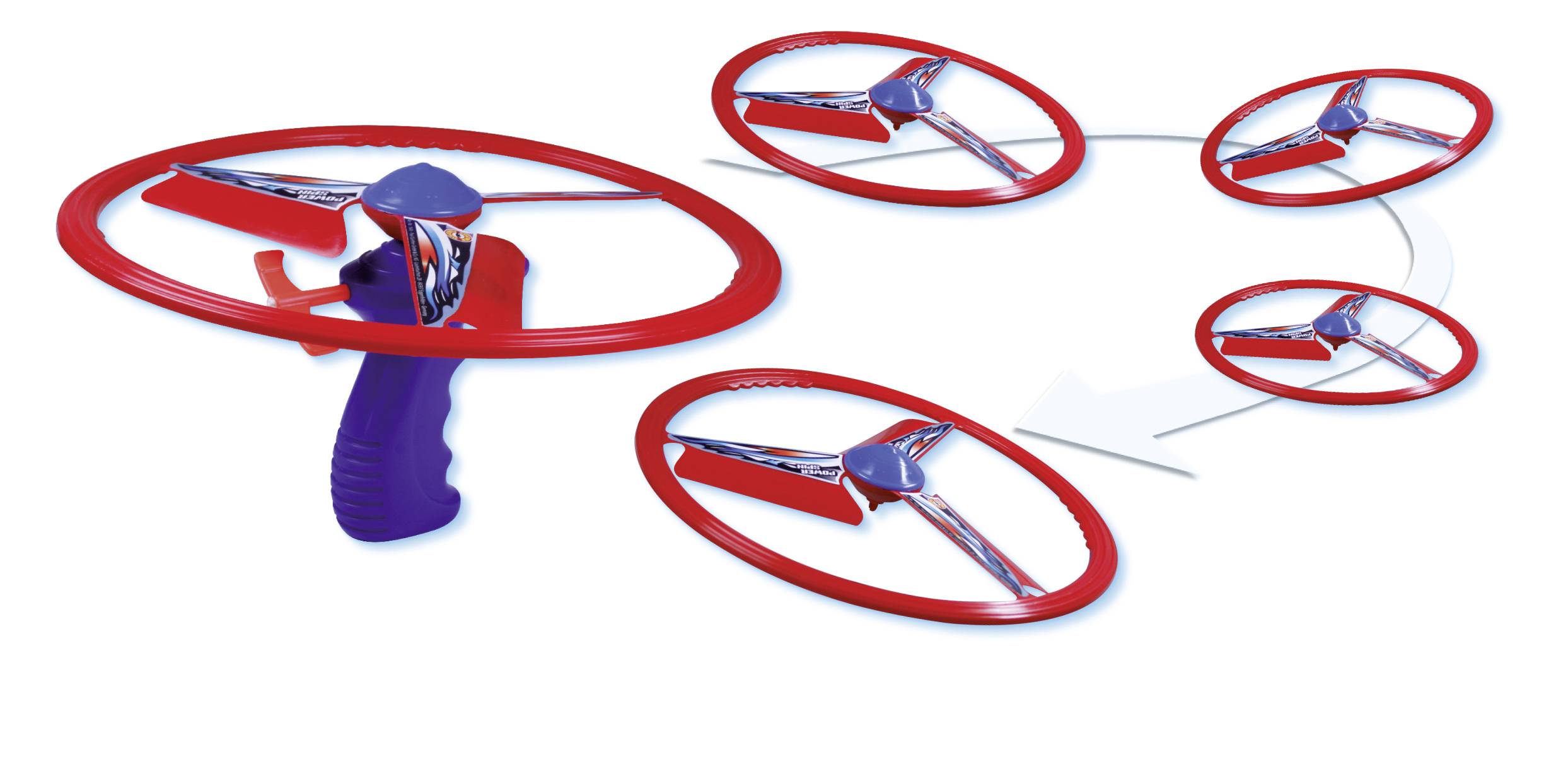 Spielzeug-Handkatapult mit roten Propellern, das Flugbewegung zeigt. Zeichnung illustriert Start und Flug der Propeller.