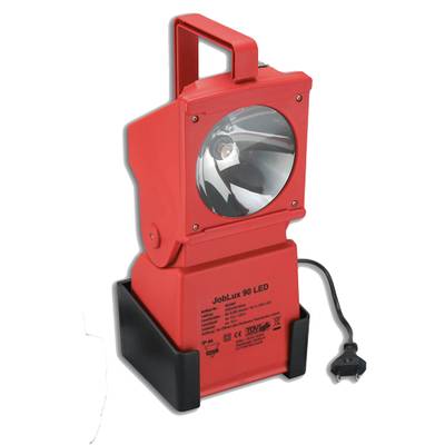 Rote tragbare LED-Arbeitsleuchte mit Griff, schwarzem Ständer und Kabel, geeignet für Baustellenbeleuchtung.