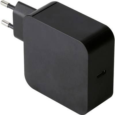 Ein schwarzer rechteckiger Netzadapter mit Eurostecker und einem USB-C-Anschluss an der Seite, der zum Aufladen elektronischer Geräte verwendet wird.