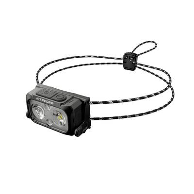 Zweifarbige Stirnlampe von Nitecore mit einstellbarem Gurt und zwei LEDs, geeignet für Outdoor-Aktivitäten im Dunkeln.