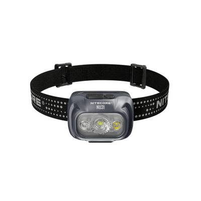 Eine schwarze Stirnlampe mit verstellbarem Band und mehreren LED-Lichtern in verschiedenen Farben auf der Vorderseite.