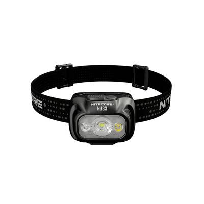 Schwarze Stirnlampe der Marke Nitecore, Modell NU33, mit verstellbarem elastischem Band, geeignet für Outdoor-Aktivitäten.