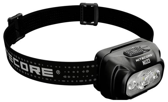 Stirnlampe mit verstellbarem Band, Modell 'Nitecore NU33', mit mehreren LED-Leuchten, geeignet zum Freiluftgebrauch oder Arbeiten bei Dunkelheit.