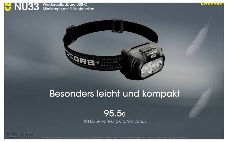 'Nitecore NU33 Stirnlampe, wiederaufladbar, 3 Lichtquellen. Besonders leicht und kompakt: 95,5g inkl. Halterung und Stirnband.'