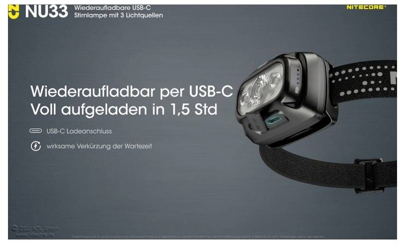 'Nitecore Stirnlampe NU33, aufladbar per USB-C, voll in 1,5 Stunden. USB-C Ladeanschluss, effiziente verkürzte Ladezeit.'