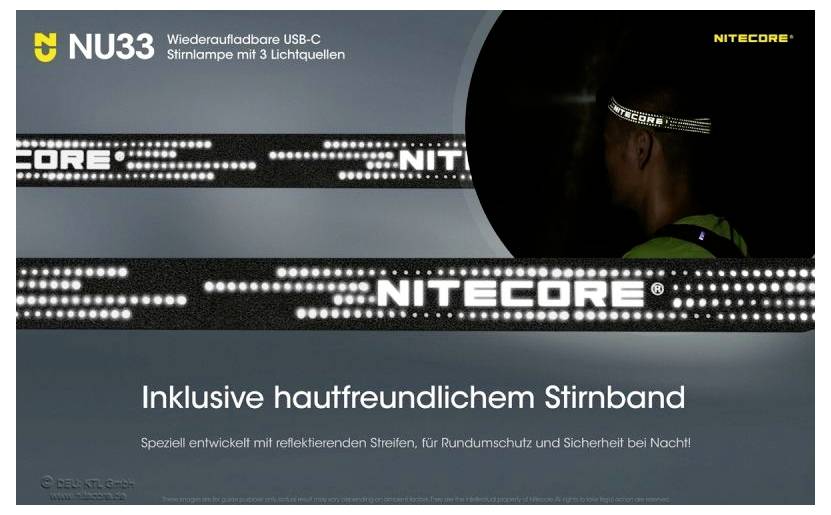 'Nitecore Stirnlampe NU33, wiederaufladbar über USB-C, einschließlich hautfreundlichem Stirnband mit reflektierenden Streifen.'