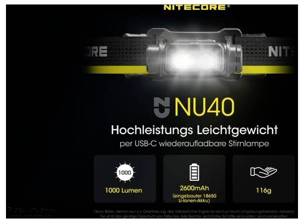 'Nitecore NU40' Stirnlampe: 1000 Lumen, 2600mAh Akku, 116g. USB-C wiederaufladbar. Hochleistungs-Leichtgewicht.