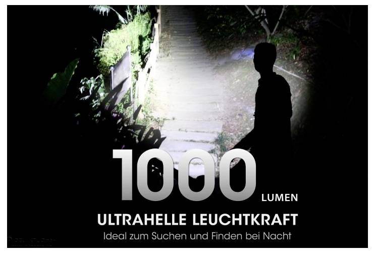 '1000 Lumen ultrahohe Leuchtkraft', Person auf beleuchtetem Weg bei Nacht, Text: 'Ideal zum Suchen und Finden bei Nacht'.