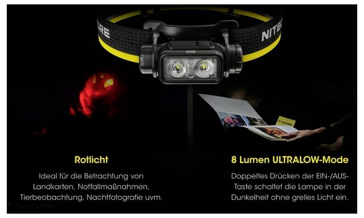 'Rotlicht: Ideal für die Beobachtung von Landkarten, Notfallmaßnahmen, Nachtfotografie. 8 Lumen ULTRALOW-Mode: Doppelklick für schwaches Licht.'