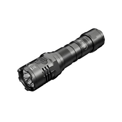 Eine schwarze, robuste Taschenlampe mit geätzter Oberfläche für besseren Halt, ideal für Outdoor-Aktivitäten und Notfälle.
