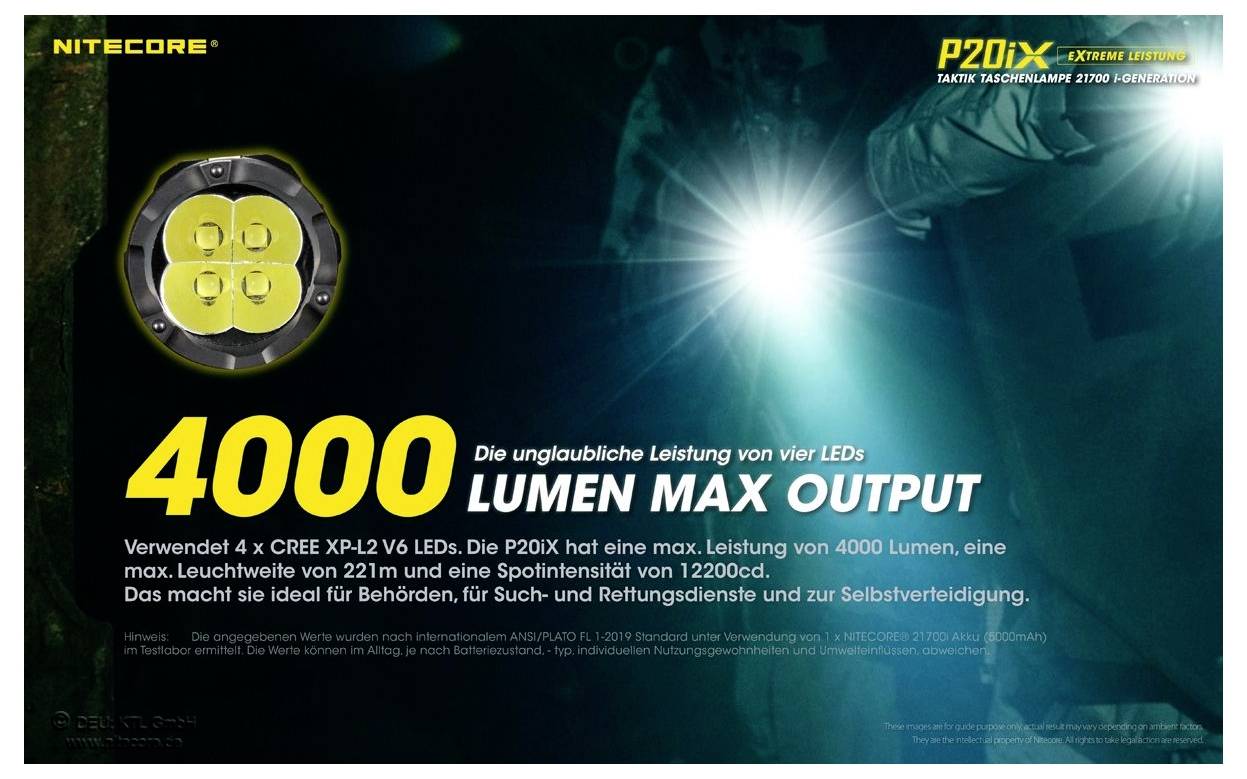 Werbebanner einer Nitecore P20iX-Taschenlampe mit 4000 Lumen Maximalleistung, vier LEDs und Lichtstrahl in dunkler Umgebung.