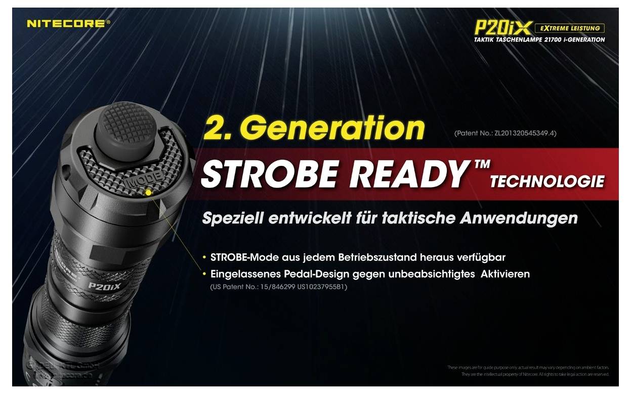 Werbeanzeige für die Nitecore P20iX Taschenlampe: '2. Generation', 'STROBE READY' Technologie, speziell für taktische Anwendungen, mit abgebildeter Lampe links und Funktionshinweisen rechts.