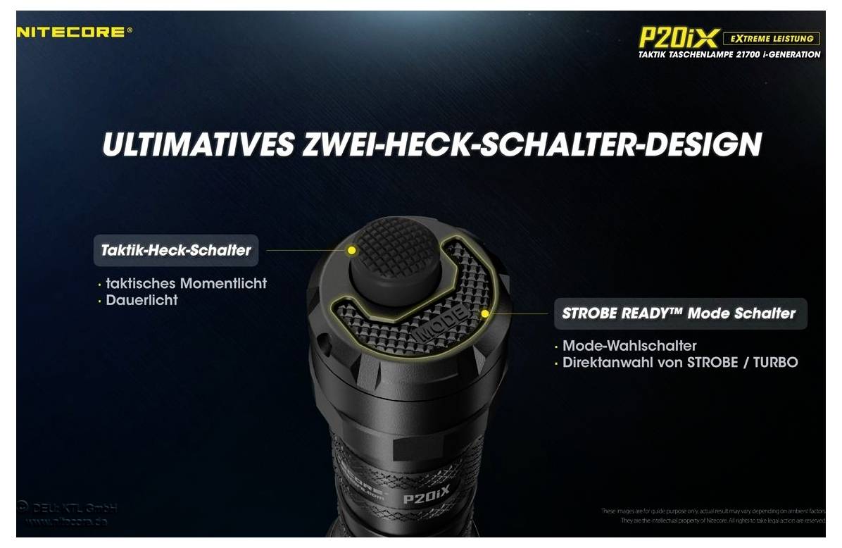 Werbeanzeige für die Nitecore P20iX Taschenlampe mit 'ultimatives Zwei-Heck-Schalter-Design'; zeigt Taktik-Heck-Schalter für Momentlicht/Dauerlicht und Strobe Ready Mode-Schalter für STROBE/TURBO.<br>