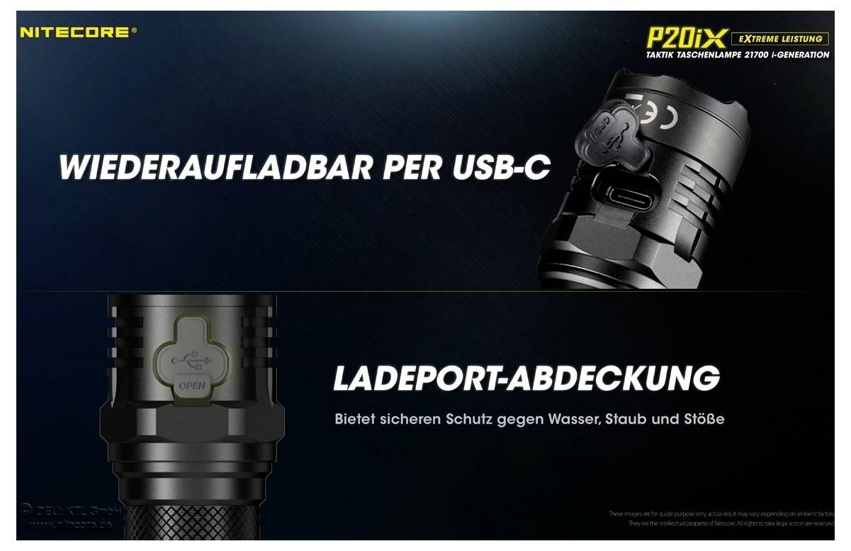 Werbebild für die Nitecore P20iX: Taschenlampe mit Text 'WIEDERAUFLADBAR PER USB-C' und 'LADEPORT-ABDECKUNG' für Schutz vor Wasser, Staub und Stößen.