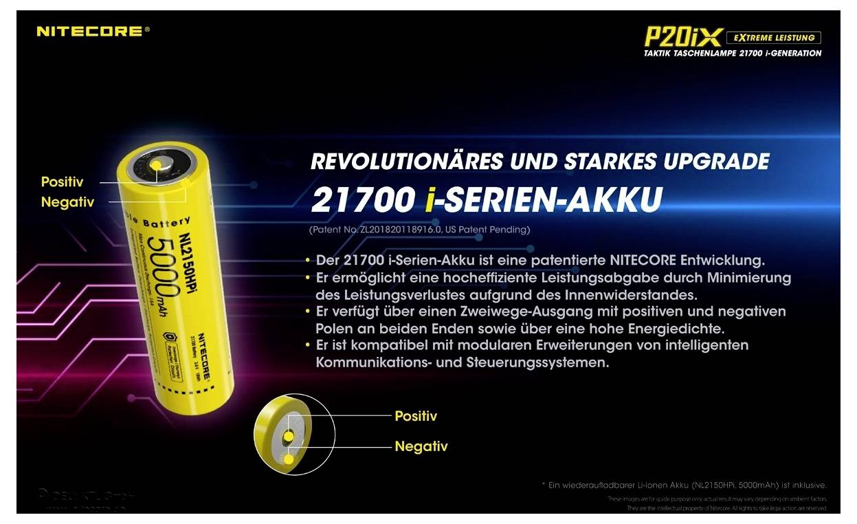 Werbegrafik für Nitecore P20iX: gelber 21700 i-Serie-Akku mit Plus/Minus-Markierungen und Text zu 'revolutionärem Upgrade' für neue Taschenlampen.