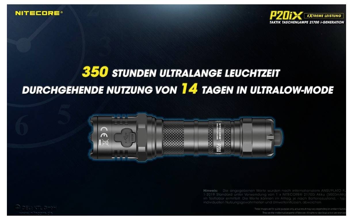 Werbegrafik für eine Nitecore-P20iX-Taschenlampe: 350 Stunden Ultraleuchtzeit und 14 Tage Dauerbetrieb im Ultralow-Modus.