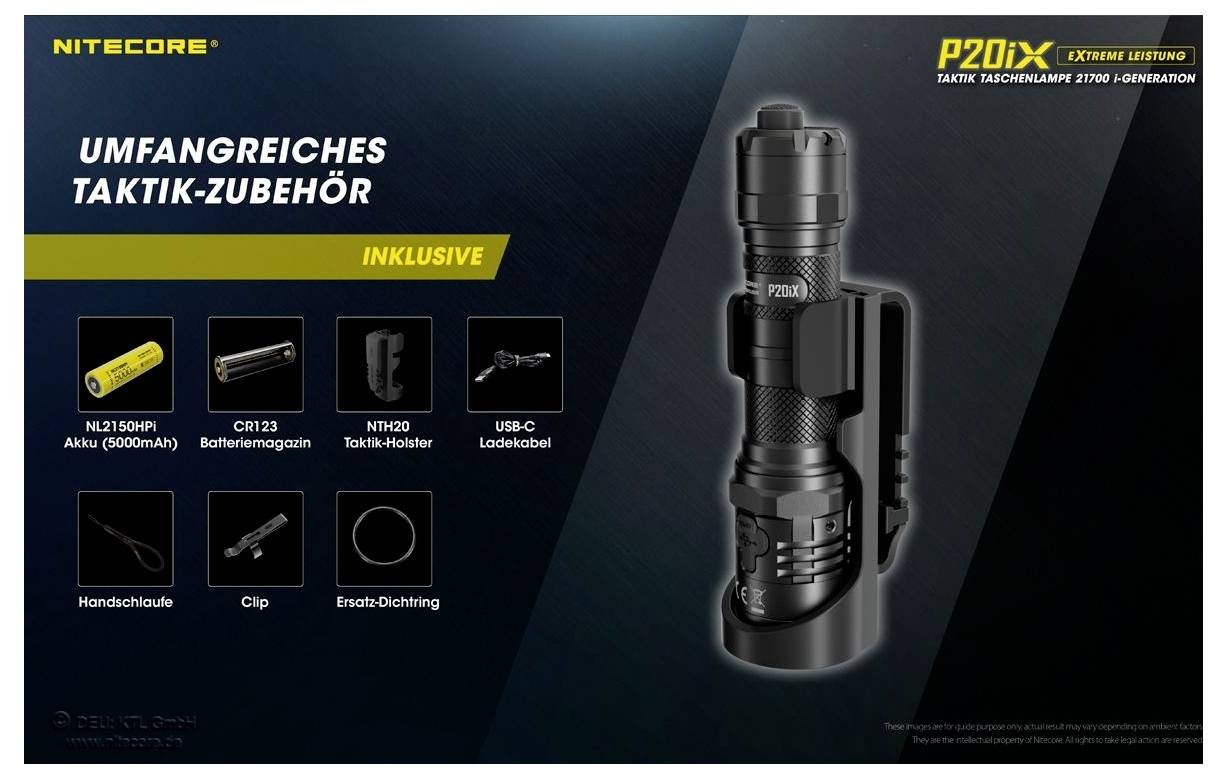 Werbegrafik für die Nitecore P20iX Taschenlampe mit Akku und Taktik-Zubehör; zeigt Lampe sowie Lieferumfang: Akku, Holster, USB-C-Kabel, Handschlaufe, Clip und Ersatz-Dichtung.<br>