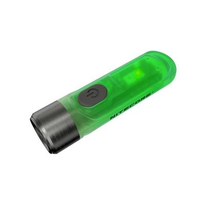 Eine grüne Taschenlampe mit schwarzem Ein- und Ausschalter und metallischem Kopfteil; Marke 'Nitecore' auf der Seite.
