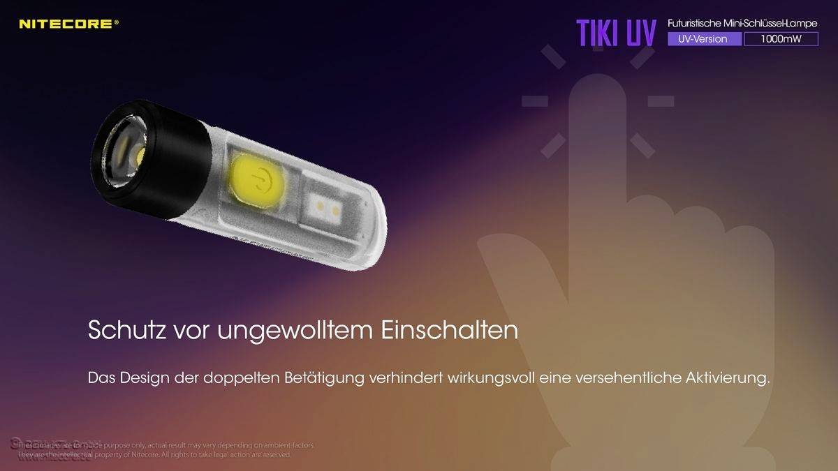 'Nitecore TIKI UV' Taschenlampe mit doppeltem Betätigungsschutz zur Vermeidung versehentlicher Aktivierung; 1000mW Leistung.