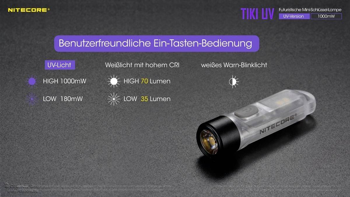 'Benutzerfreundliche Ein-Tasten-Bedienung' Nitecore Tiki UV-Taschenlampe mit UV-Licht und Weißlicht, zwei Helligkeitsstufen (70/35 Lumen).