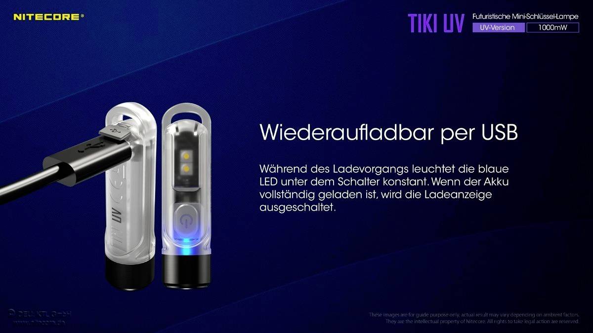 Die Grafik zeigt zwei LED-Taschenlampen rechts und links: eine mit sichtbarer USB-Ladeverbindung und eine ohne. Text: 'Wiederaufladbar per USB'.