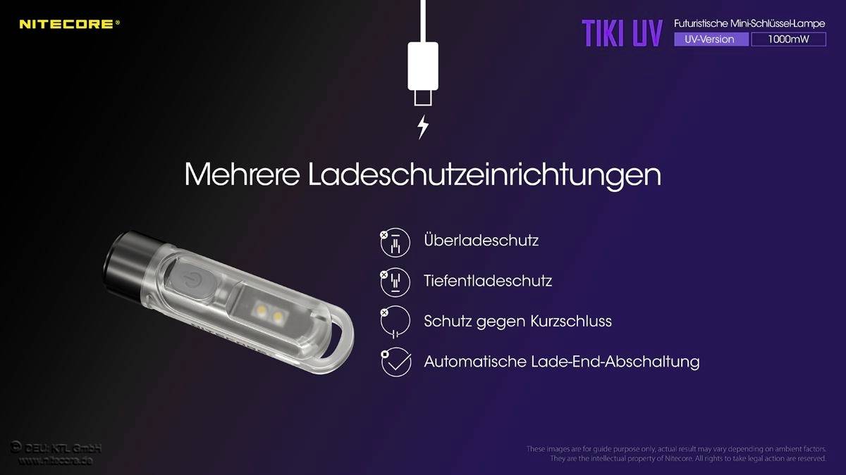 Eine Nitecore Tiki UV Taschenlampe mit mehreren Ladeschutzfunktionen: Überladung, Tiefenladung, Kurzschluss und automatische Abschaltung.