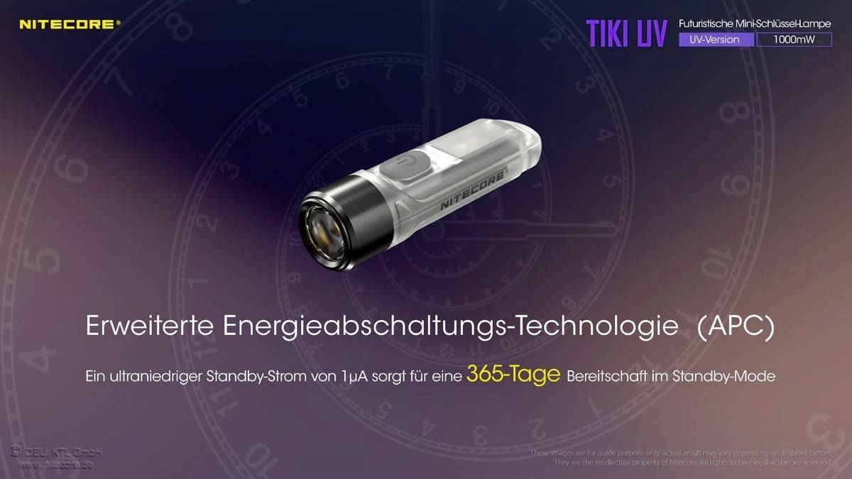 'Erweiterte Energieabschaltungstechnologie (APC)' mit ultraniedrigem Standby-Strom für 365 Tage Bereitschaft; Nitecore TIKI UV Lampe abgebildet.